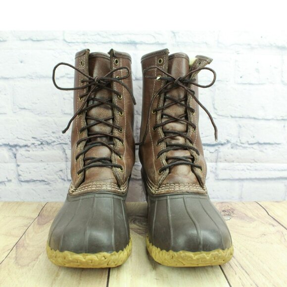 LL Bean Brown Leather Lace Up Shearling Lined Insulated Duck Boots Size 10 Wide - Picture 4 of 11